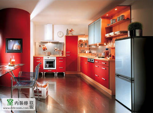 红色整体橱柜 红色整体厨房装     