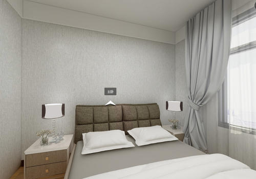 117平现代简约三居素色无缝银灰色卧室效果图