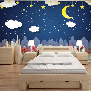 环保儿童房壁纸天蓝色北欧可爱男孩房间屋顶月亮星星墙纸