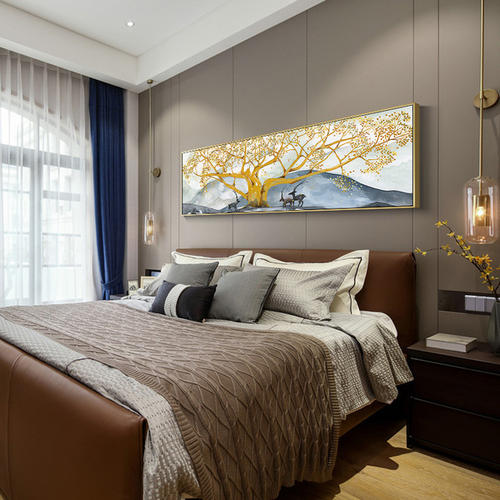 背景墙大横幅墙画 现代抽象大气轻奢壁画 黄金发财树床头装饰画