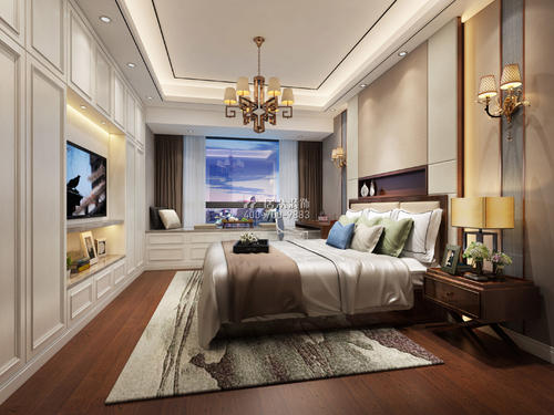 信义荔山御园米中式风格平层户型卧室装修效果图